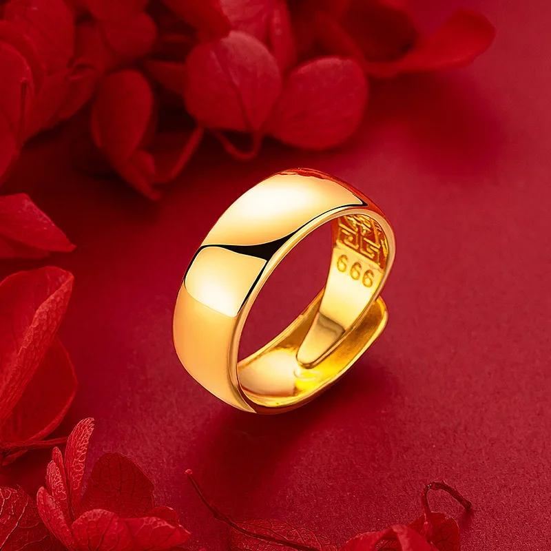 9999 Real Gold 24K Glossy Ring 8mm Wide Glossy Back Pattern Bottom Men's Ring Gold Glossy Ring