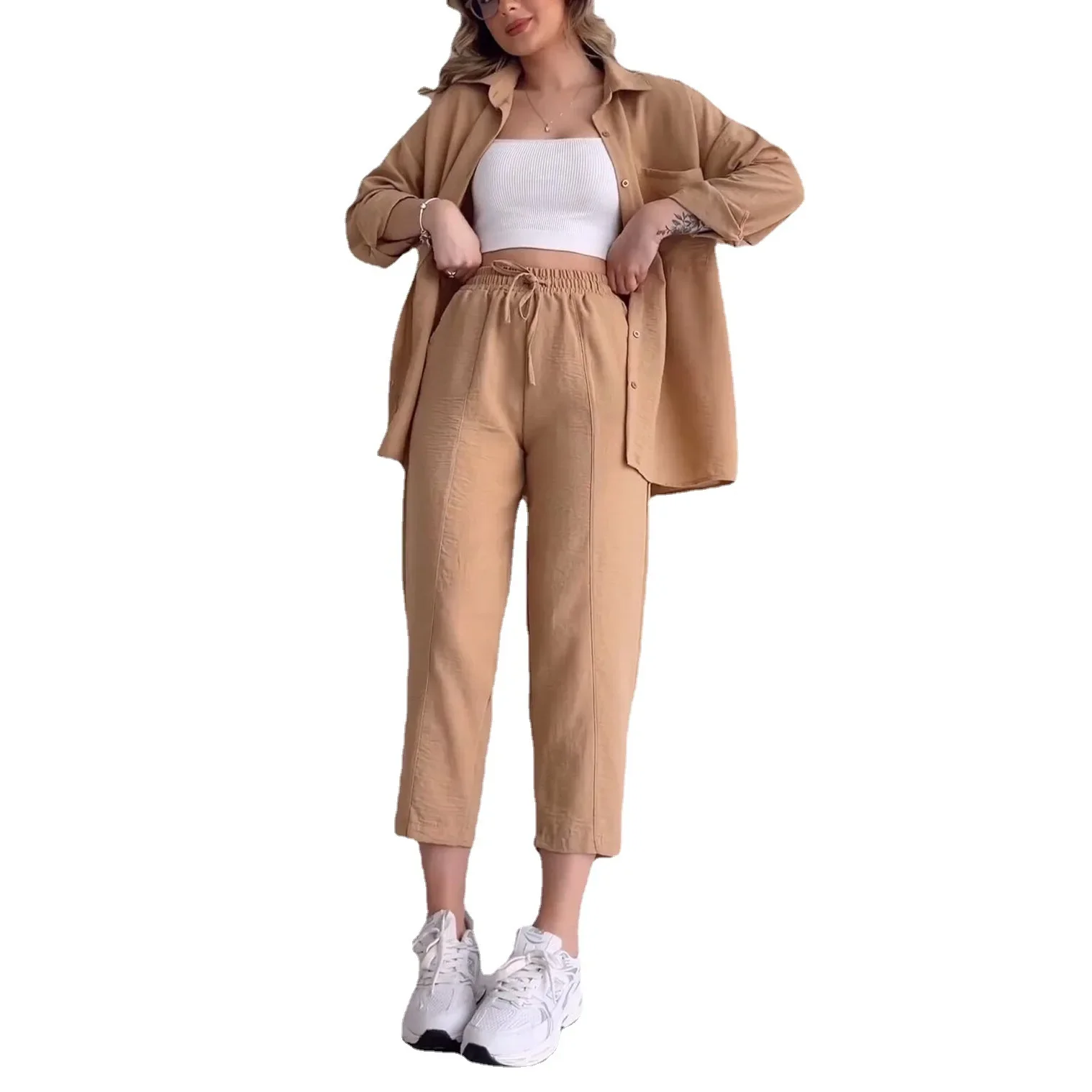 Pant Sets Women Solid Two Pieces Set Long Sleeve Cropped Button Shirt Loose Wide Leg Trouser Work Sporty Suits Y2k Streetwear