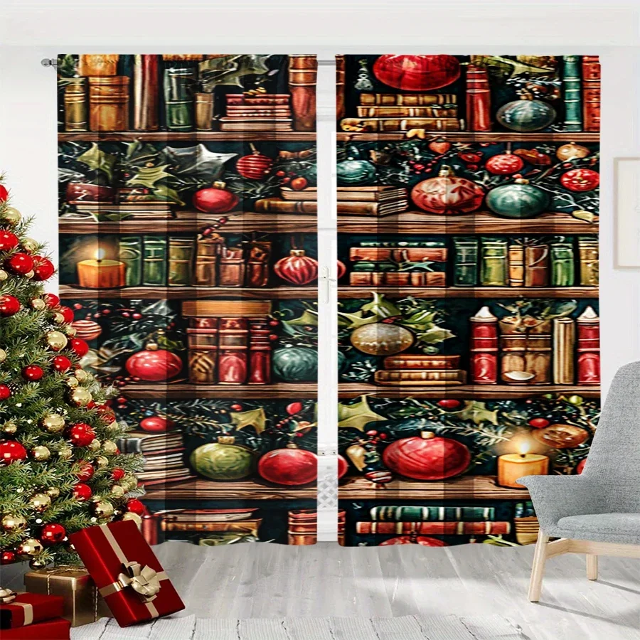 2PCS Christmas Winter Curtains, Vintage Bookshelf Ball Candle Pine Winter, Digital Print, Bedroom Living Room, Home Decor