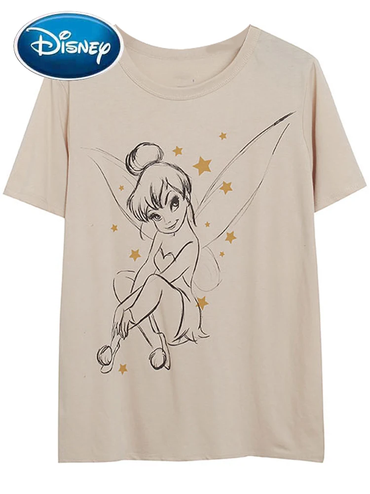 Disney Stylish FAIRIES Peter Pan Sketch Tinkerbell Cartoon Print T-Shirt Sweet Women O-Neck Pullover Short Sleeve Tee Top Summer