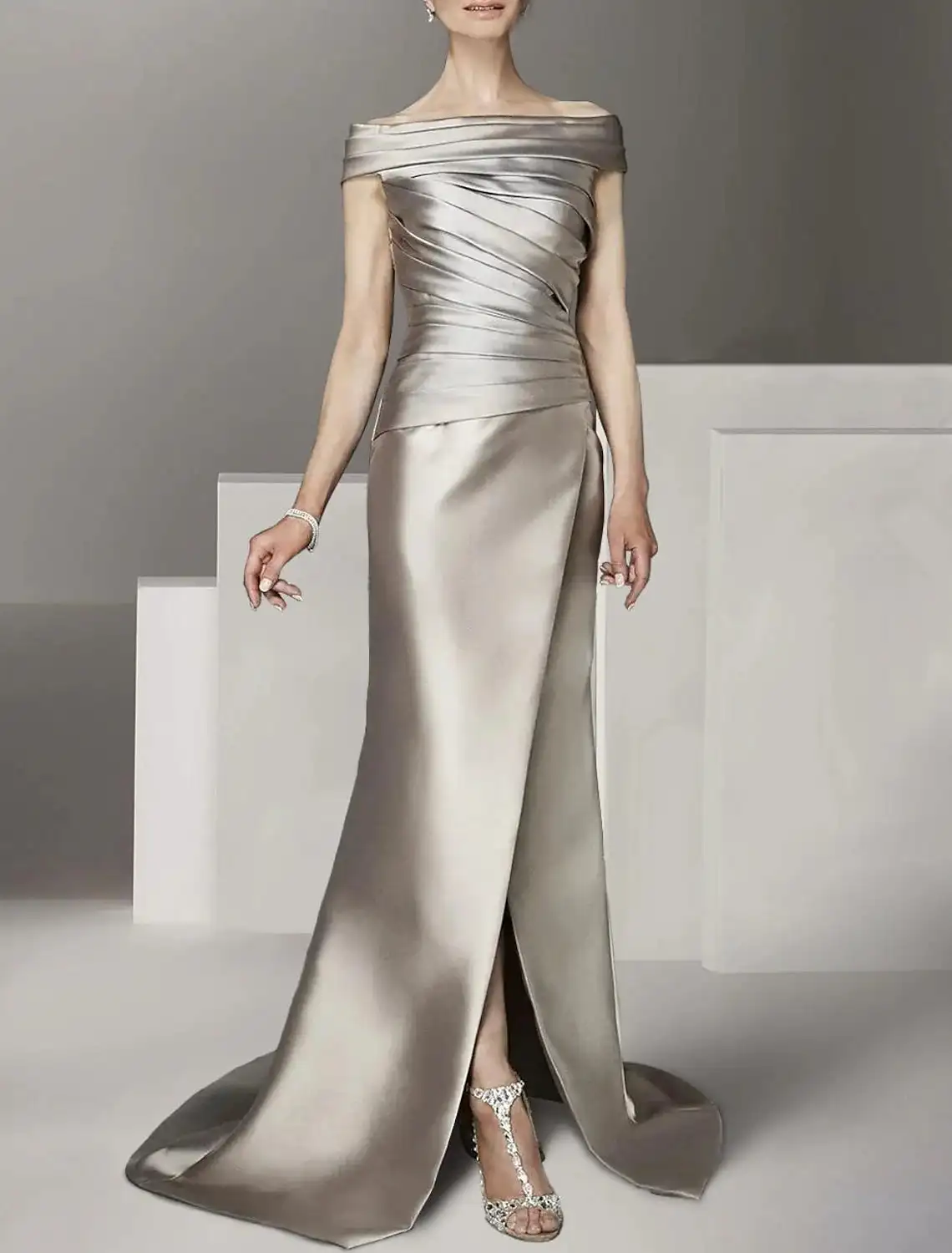 

Elegant A-Line Mother of the Bride Gown Guest Scoop Neck Off-Shoulder Ankle-Length Italian Satin Cap Sleeves with Ruffles