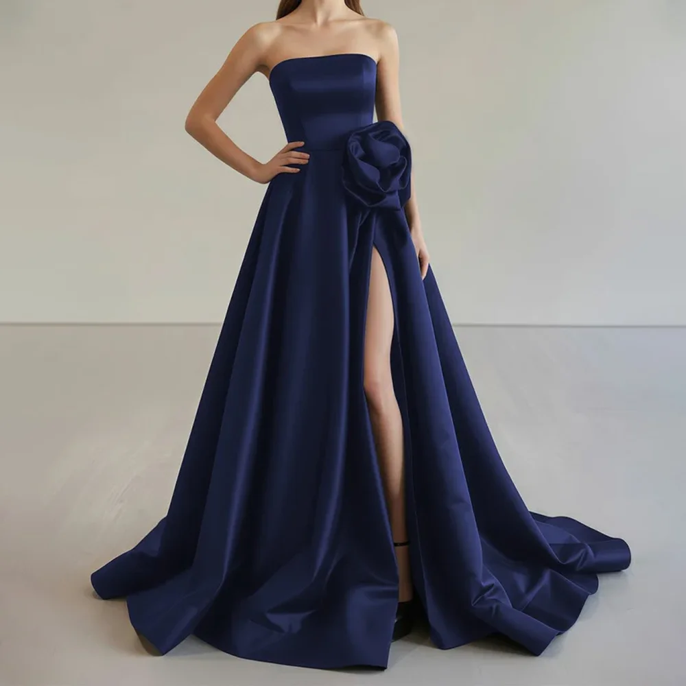 RFYR Simple Black A-Line Formal Dresses Stain Pleats Split Party Dress For Wedding Strapless Special Occasion Dress Customized image 5