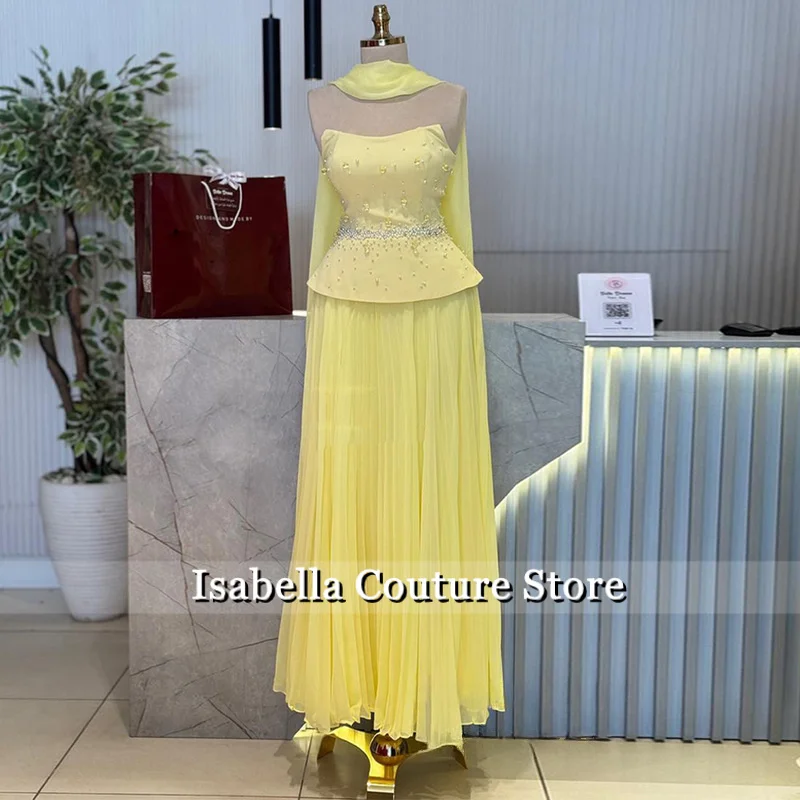 2ピースイブニングドレスアラビアンパーティードレスカスタマイズされたストラップレスノースリーブクリスタルパールプリーツプロムドレスケープ付き