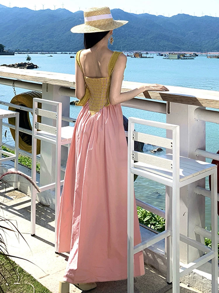 Robe de soirée trapèze rose pour femmes, élégante, couleur contrastée, couture, style Boho, Sexy, écharpe, plage, vacances