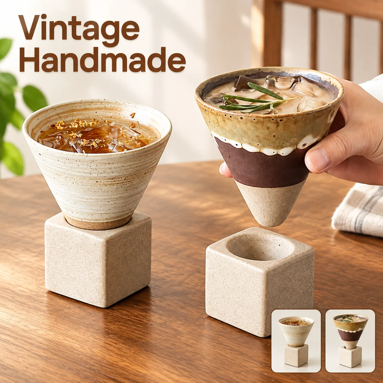 Vintage Distressed Stoneware Mug Handmade Funnel Shaped Rustic Ceramic Coffee Cup for Cold Brew Tea Water Home Office 350ml