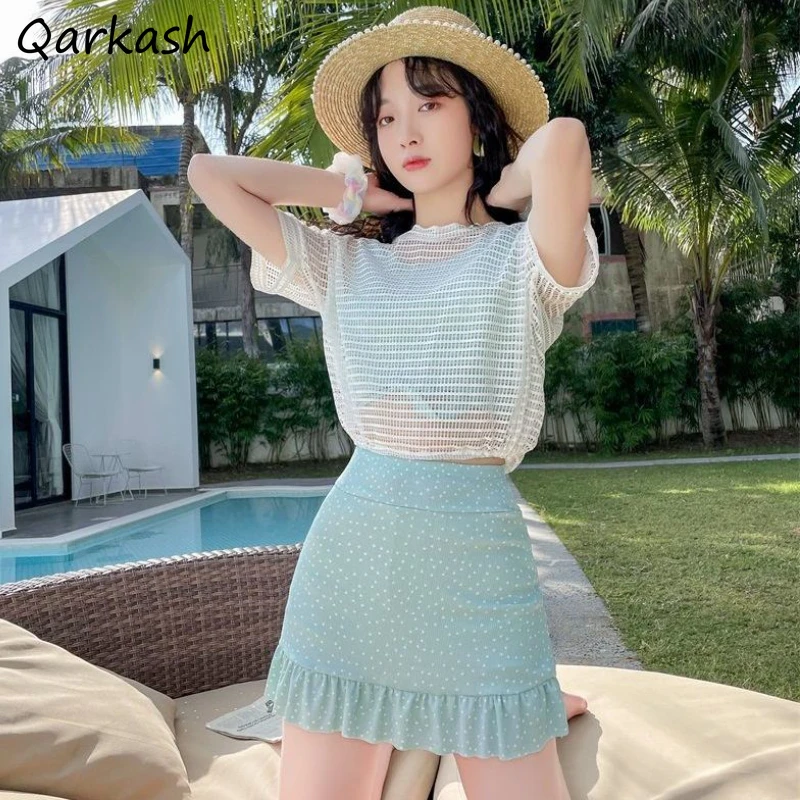 3 Pieces Bikini Set Women Slim Beach Style Ulzzang Design Casual Swimwear Summer Vacation Schoolgirls High Waist Trendy Simple