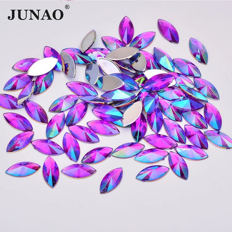 JUNAO 7*15mm Purple AB Crystals Flat Back Rhinestone Applique Horse Eye Acrylic Strass Crystal Non Sewn Stones for Decoration