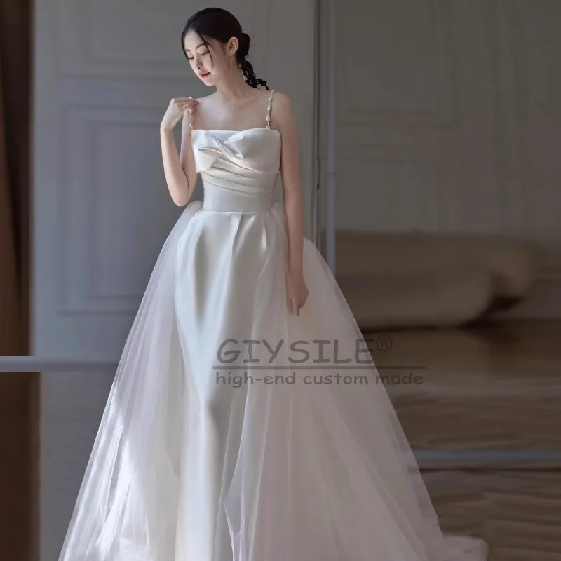 

GIYSILE Customized Fashion Light Wedding Dresses Bride Simple High-end Satin Bow Tube Top Zipper Back Sling Party Evening Dress