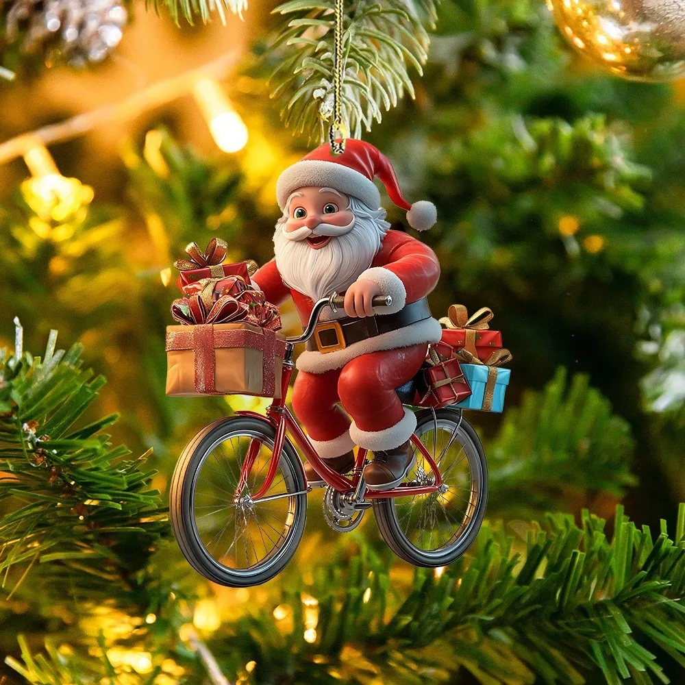 Cartoon Santa Claus Bicycle Gifts Tabletop Decoration with Base 2D Acrylic Christmas Ornaments 2025 Xmas Navidad Party Supplies