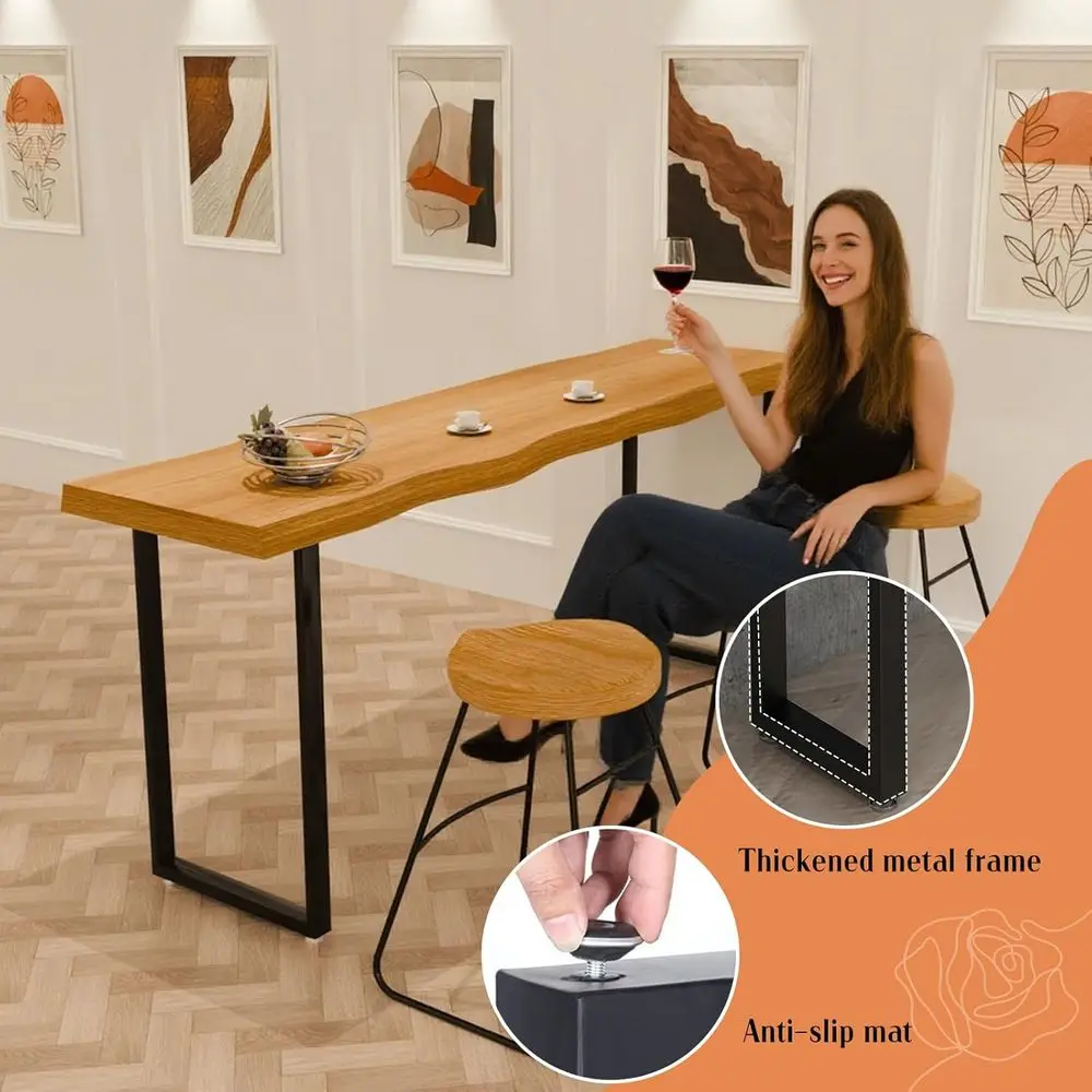 Narrow Bar Table, Rectangular Solid Wood Counter Height Table, Industrial Height Pub Table with Sturdy Metal Frame, Easy-to-Clea