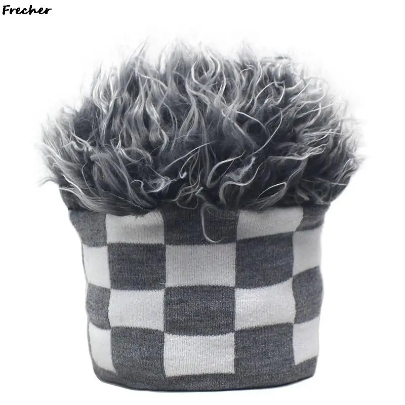 Checkerboard Landlord Hat Autumn Winter Short Wig Brimless Beanie Hats Cosplay Party Props Unisex Street Cool Hair Knitted Cap