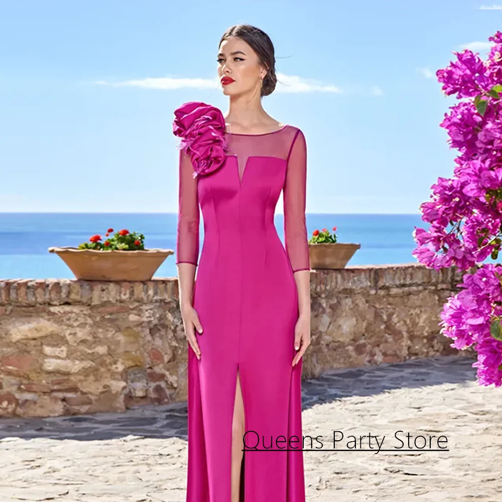 新作入荷 花嫁の母ドレス カスタムメイド 7分丈チュールスリーブ スクープネック 花柄 フロントスリット バックジッパー ウェディングゲストドレス