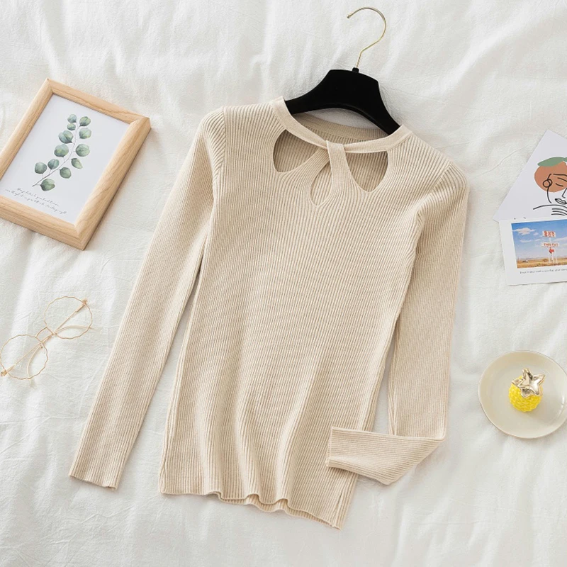 เซ็กซี่ Hollow-OUT ถักเสื้อกันหนาวผู้หญิง Ribbed ฤดูใบไม้ร่วงฤดูหนาว Basic เสื้อกันหนาวหญิง SLIM FIT Pullovers Soft WARM Tops