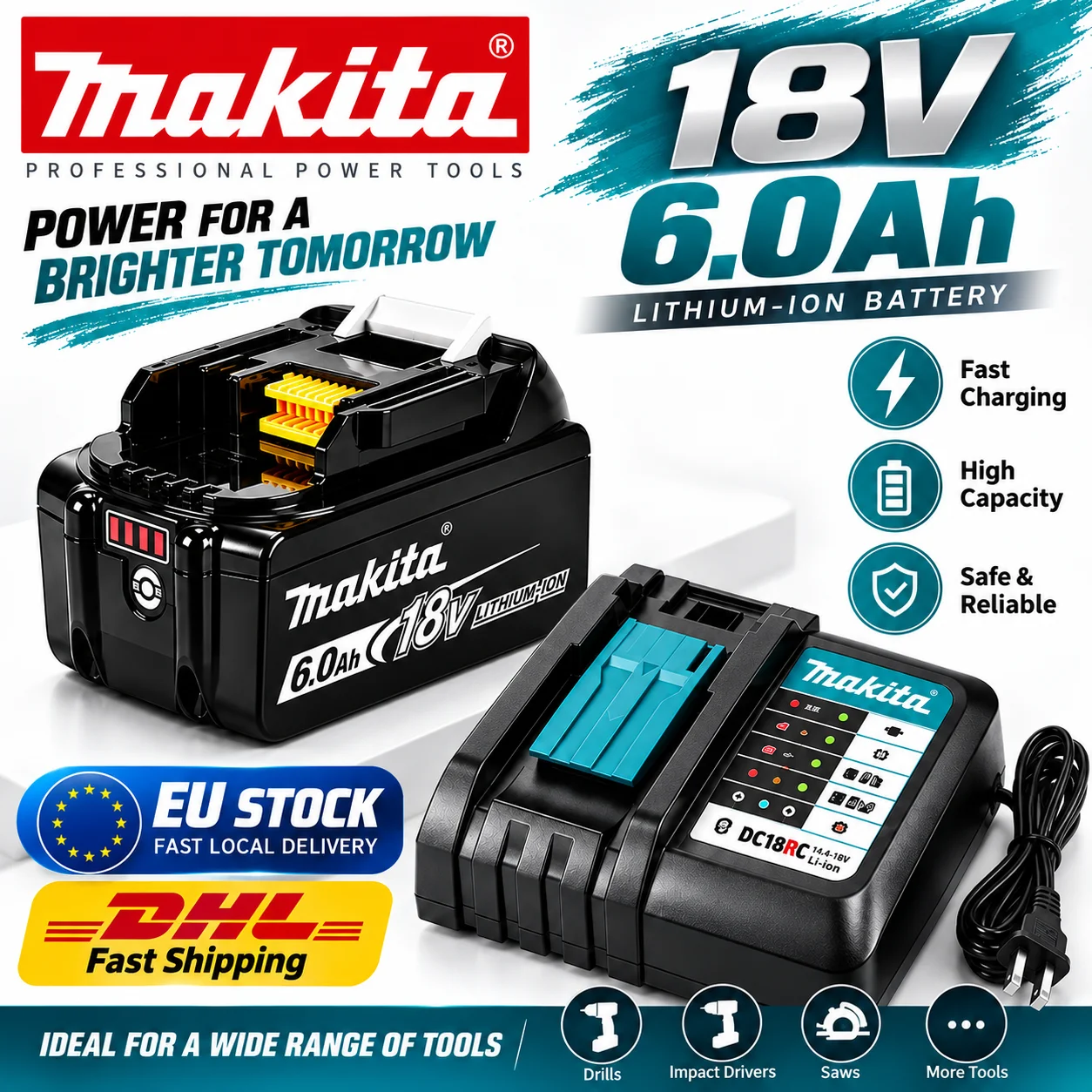 Batteria di ricambio agli ioni di litio 18V 6.0Ah per Makita e caricabatterie rapido DC18RC, compatibile con utensili elettrici a batteria LXT, trapano, avvitatore a impulsi, sega circolare,