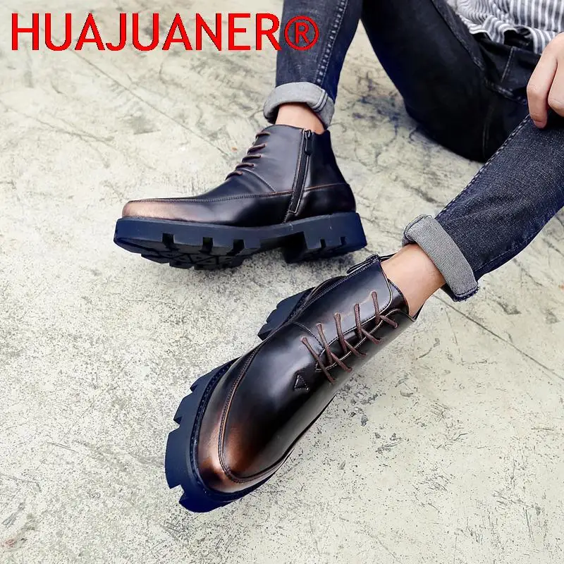 Men Casual Natural Leather Boots High Top Motorcycle  Boots Men Non-Slip Cowboy Botas Lace-up Hiking Shoes Bota Masculina