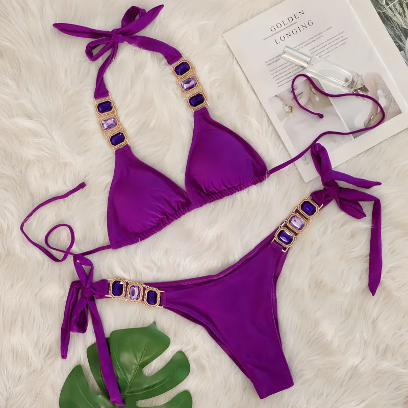 Crystal Diamond Bikini Sexy Women's Two-Piece Tie Swimsuit Beach Vacation Swimwear