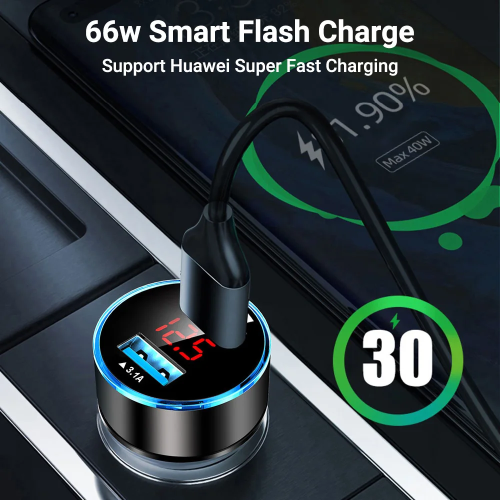 120W 2Port USB Digital Real-time Voltage Car Charger QC3.0 Car Super Fast Charger for Phones Car Cigarette Lighter Adapter