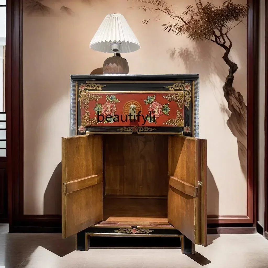 xxBedside table solid wood hand-painted Chinese antique painted storage, Tibetan furniture retro simple storage side cabinet
