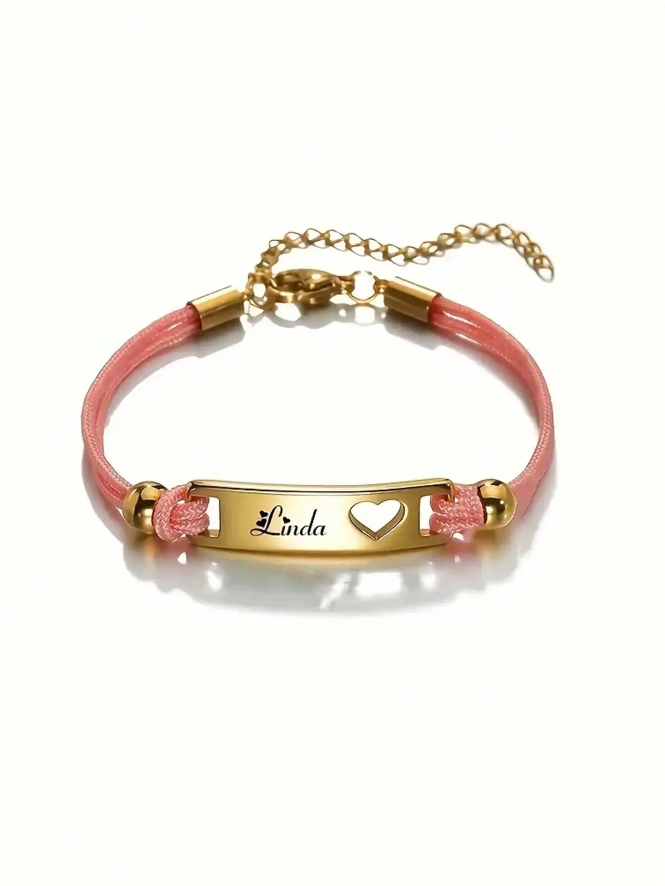 

Настроить 1, милый браслет из розовой веревки, браслет с именной табличкой в форме сердца, персонализированный браслет с выдолбленной гравировкой