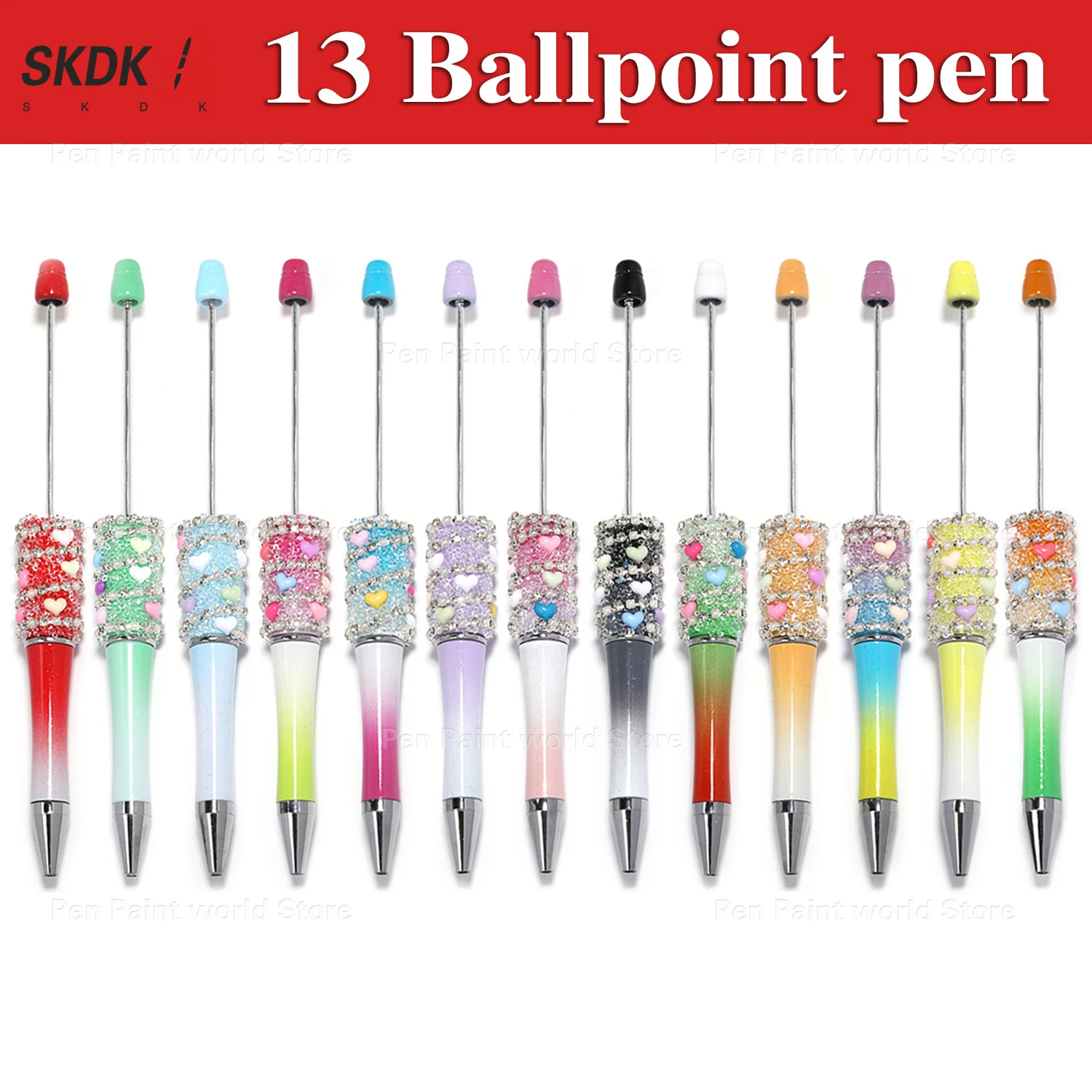 

13 шт. DIY шариковая ручка с градиентом в форме сердца-цепочка со стразами, ручка из бисера, подарок для студентов, журналов и офисов