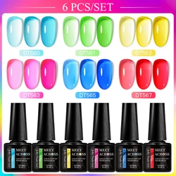 MEET ACROSS 6Pcs/Set Jelly Glass Gel Nail Polish Semi-transparent Sea Blue Gel Polish Nail Art Semi Permanent UV Gel Varnish Kit