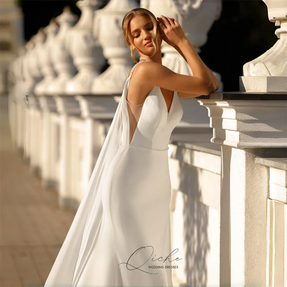 Suknie ślubne QICHE, urocze, z dekoltem w serek, o kroju syreny, na ramiączkach spaghetti, z odkrytymi plecami, suknia ślubna z peleryną, Vestidos De Novia, szyte na miarę.