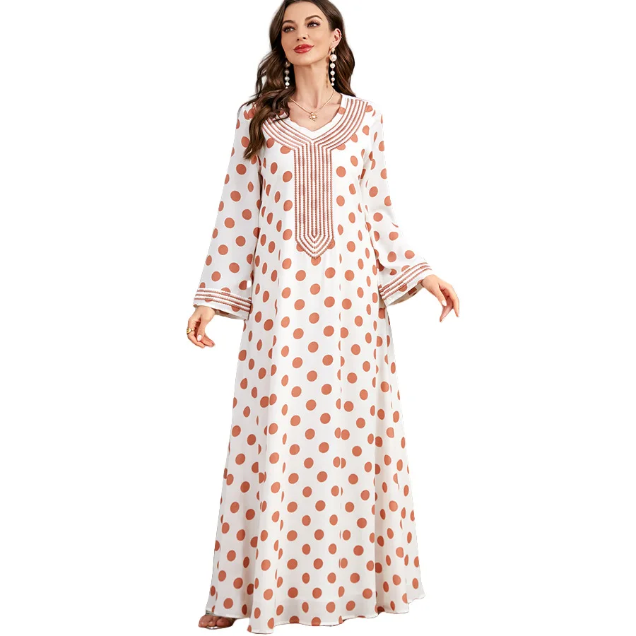 Vestido longo com gola v em chiffon, vestido maxi bordado em bolinhas, Abaya muçulmana casual, kaftan elegante, verão, 2024