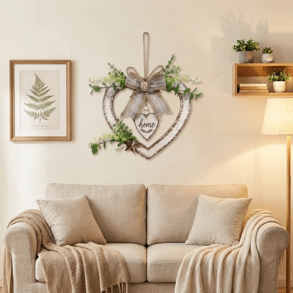 Vintage Heart Shaped Wall Decor Romantic Rustic Wall Hanging Sign Bow Knot Artificial Plant Rustic Heart Ornament Bedroom Door