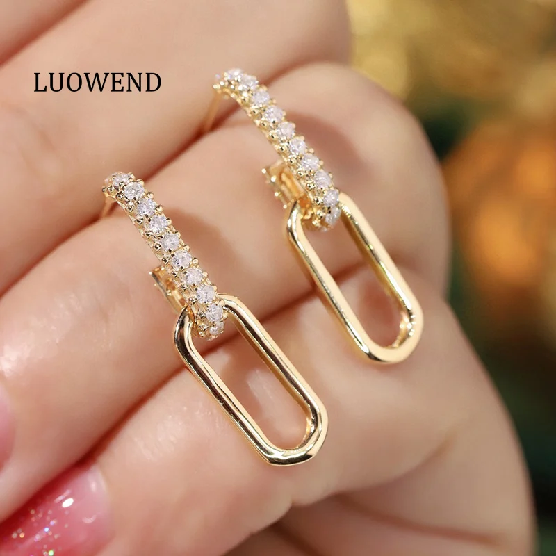 LUOWEND 100% 18K Yellow Gold Earrings Fashion Chain Design 0.46carat Real Natural Diamond Stud Earrings for Women Party Jewelry