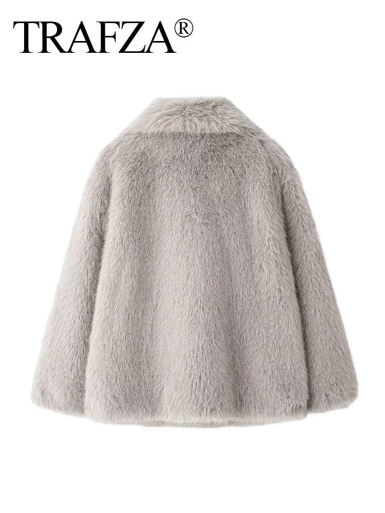 TRAFZA ผู้หญิงฤดูหนาวใหม่แฟชั่น Faux Fur Effect Coat เสื้อแขนยาวหญิง Elegant Premium กระเป๋าสั้นเสื้อ