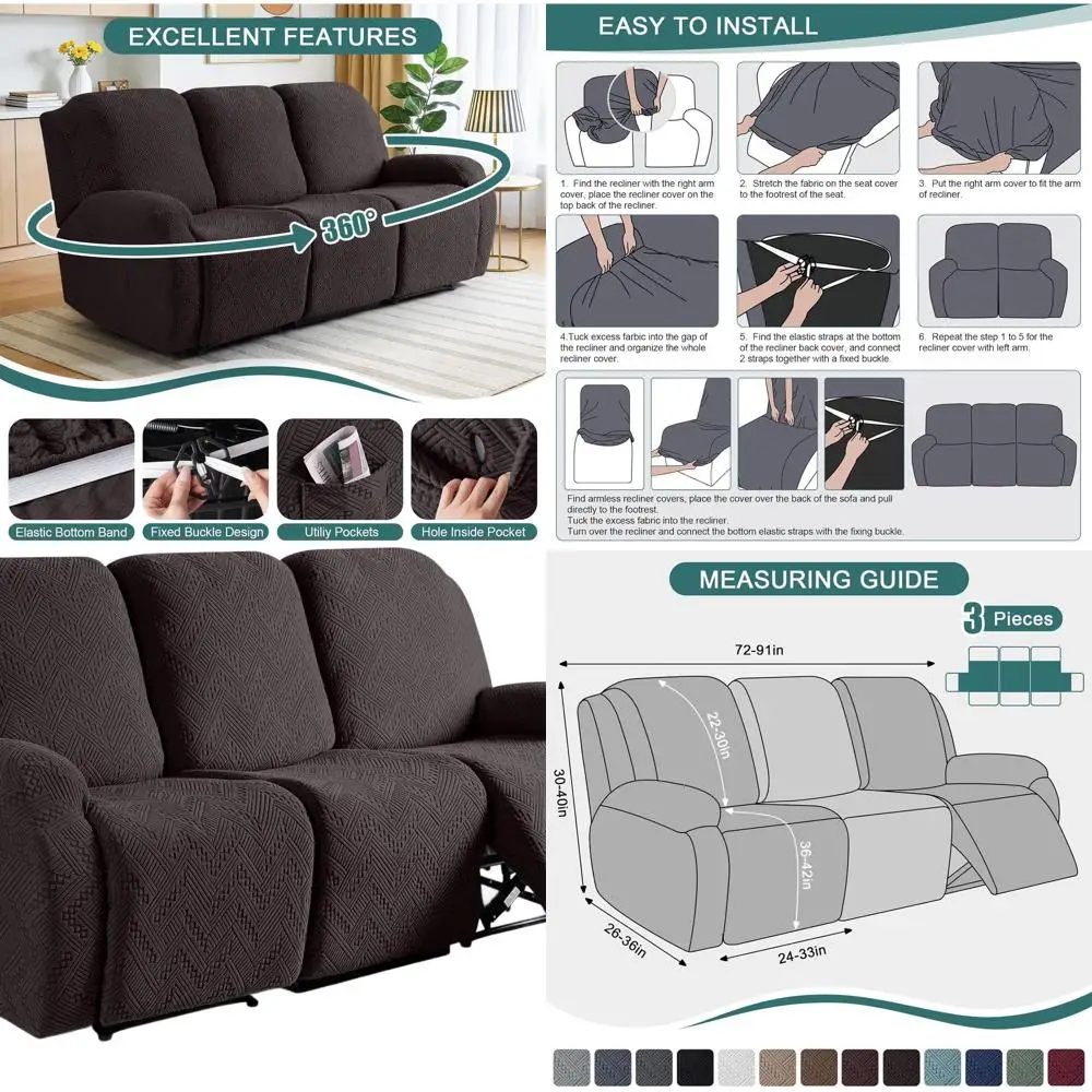 

Моющийся чехол для дивана с откидной спинкой и карманами для 3-местного дивана, эластичный и шоколадный