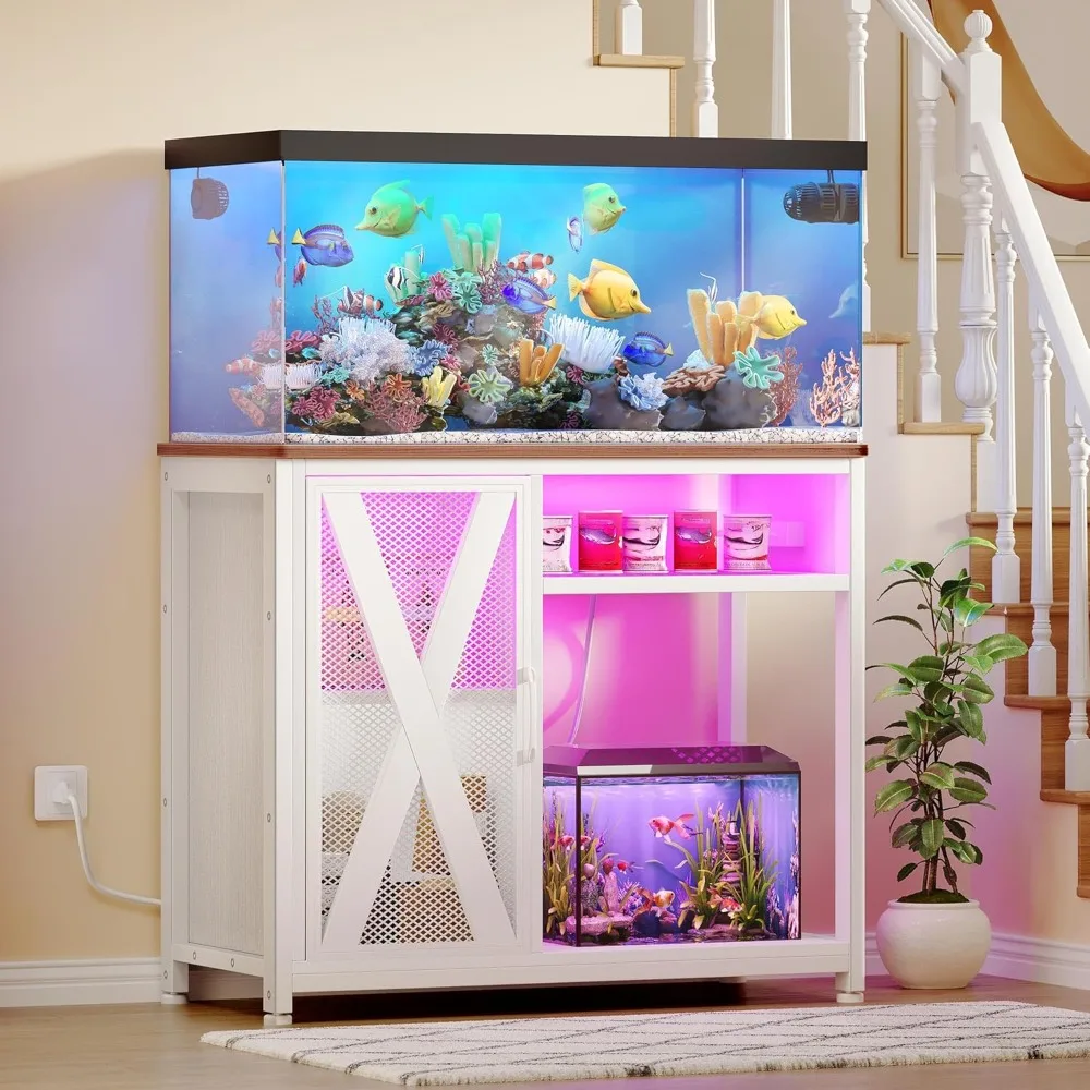 

Fish Tank Stand with Power Outlets & LED Light, 40-50 Gallon Metal Aquarium Stand with Cabinet for Fish Tank Accessorie