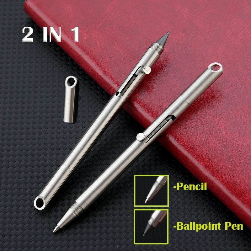 2 IN 1 MINI Ballpoint Pen Stainless Steel Eternal Pencil Erasable Pencil Portable Key Pendant Pocket Pen Emergency Writing