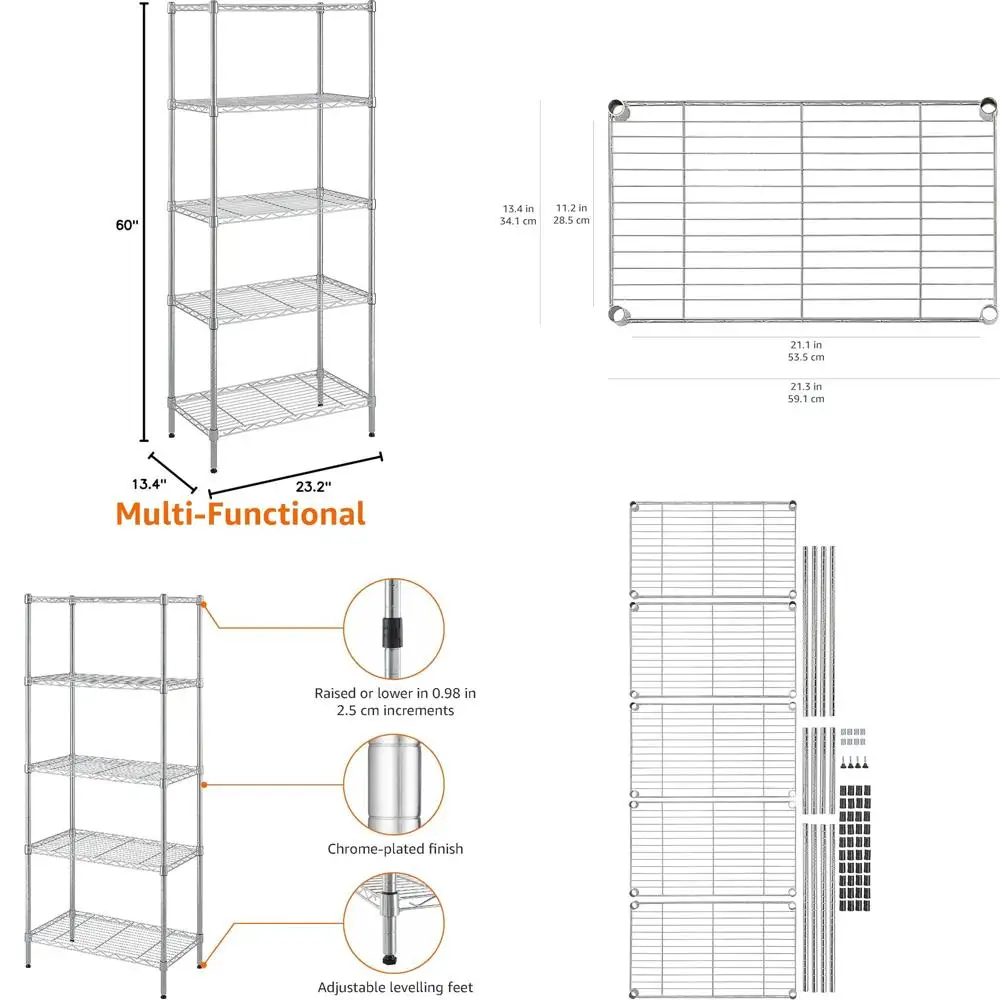 

Регулируемый стеллаж из стальной проволоки, грузоподъемность 200 фунтов на полку, 23,2x13,4x60 дюймов, хромированная отделка.