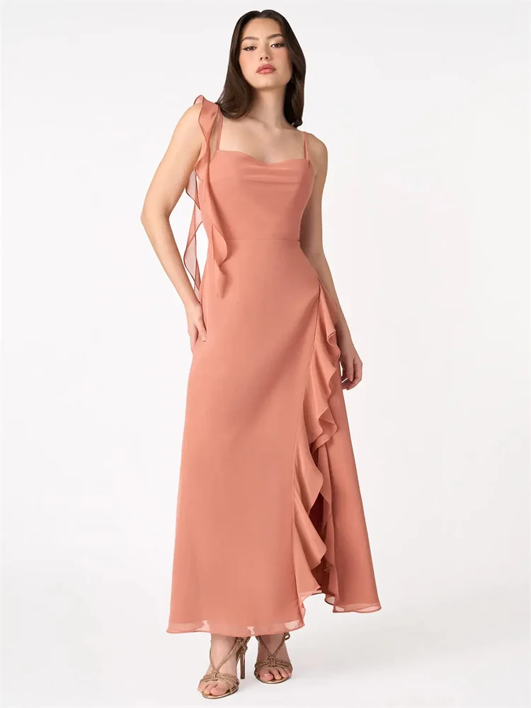 

New Arrival Scoop Neckline Corkscrew Ruffles Chiffon A-Line Evening Dress Self-Tie Bow Back Zipper Floor Length Gown For Women