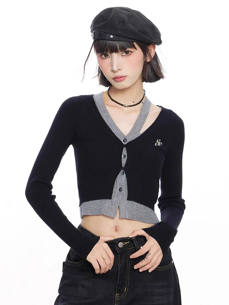 Streetwear Y2k Cropped Sweaters Women Sexy Slim Hollow Out Knitted Cardigan Vintage Harajuku Long Sleeve Lady Letter V Neck Tops