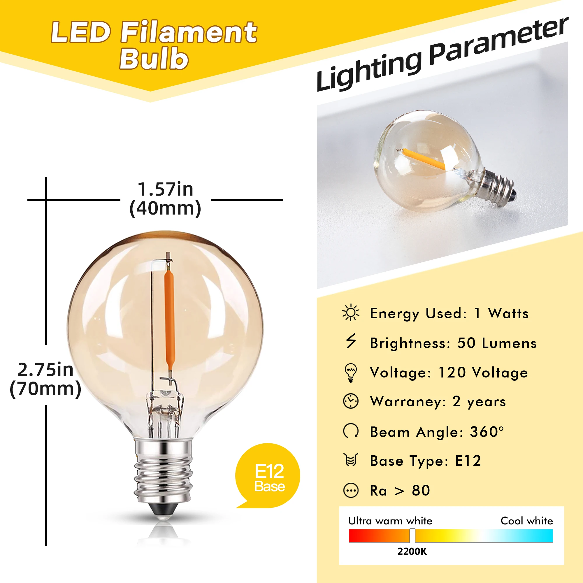 50Pcs G40 String Light Replacement Light Bulbs Gold Tint Glass E12 220V Base 1W Dimmable Outdoor Decor Globe LED Filament Bulb