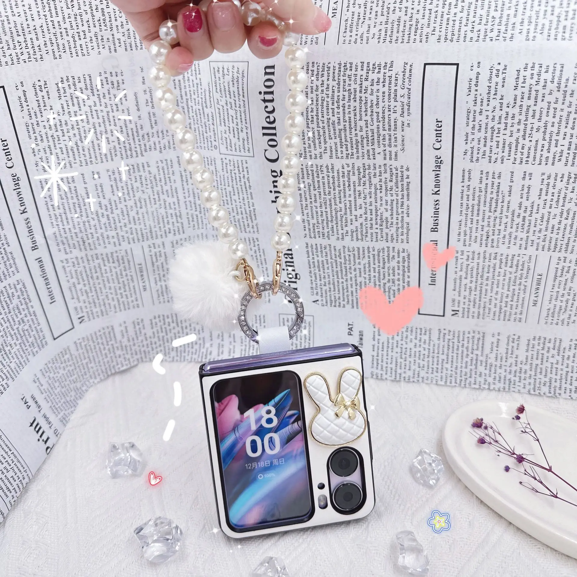 For OPPO Find N2 Flip DIY White Plaid Rabbit Silver Fur Ball Pearl Bracelet Ring Clasp Shockproof Hard Mobile Phone Case Cover