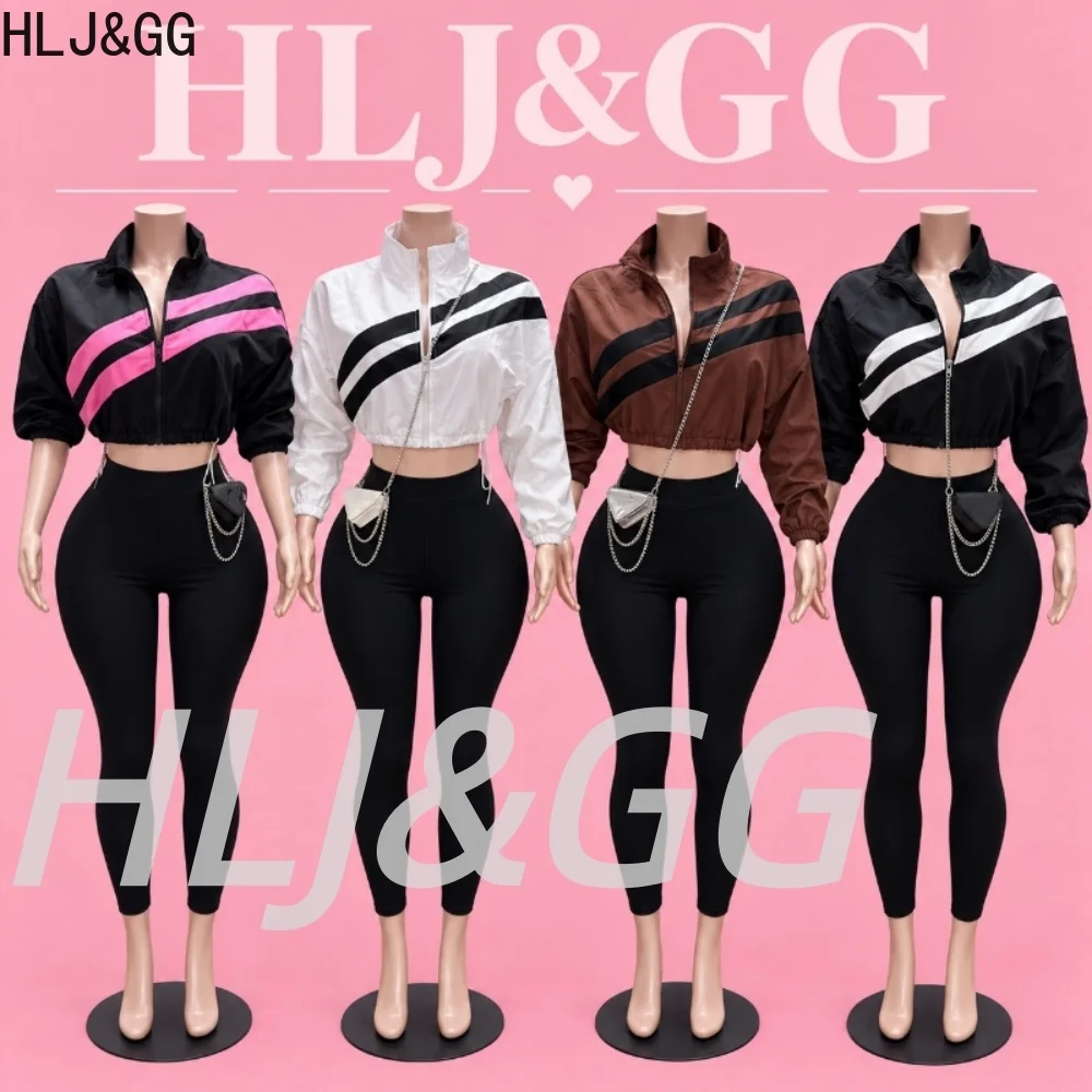 HLJ&GG Casual Stripe Print Sporty Two Piece Sets Women Zipper Long Sleeve Crop Jacket And Legging Pants Outfits Autumn Tracksuit