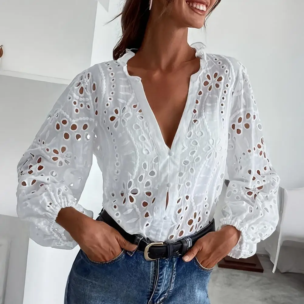 

Women White Shirt White Blouse Women V-neck Lantern Sleeve Shirt Single Breasted Ruffle Detail Top Hollow Design for Everyday