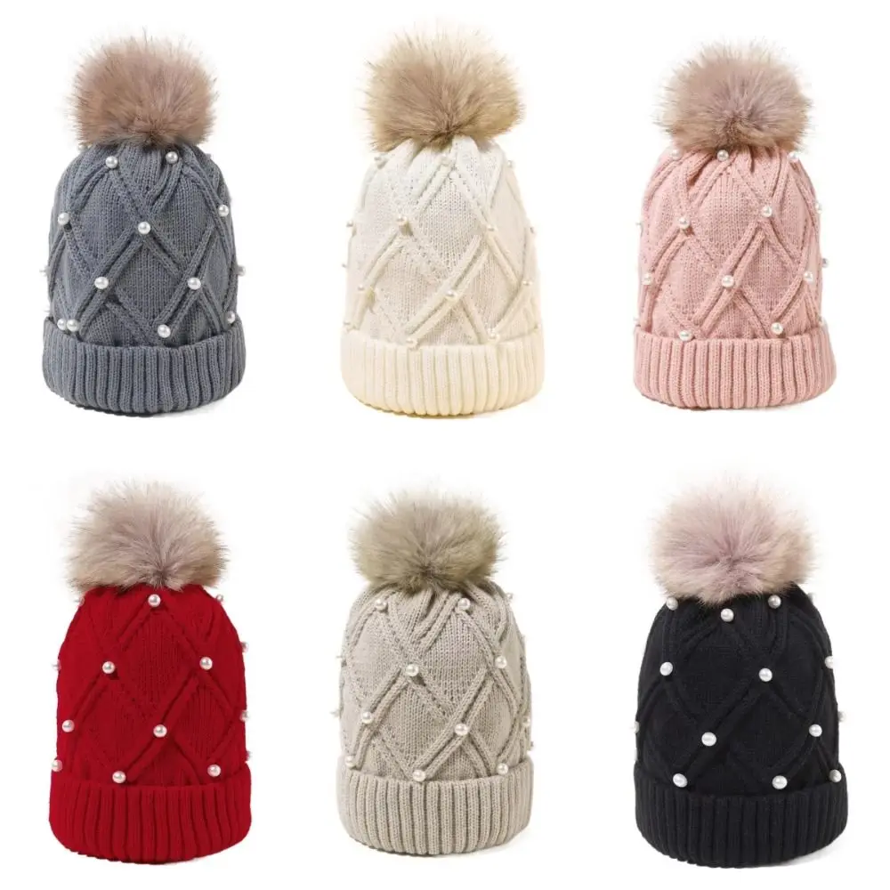 Cute with Diamond Knitted Hat Thick Flannel Warm Large Woolen Ball Women's Hat Folded Edge Solid Color Wool Hat Outdoor