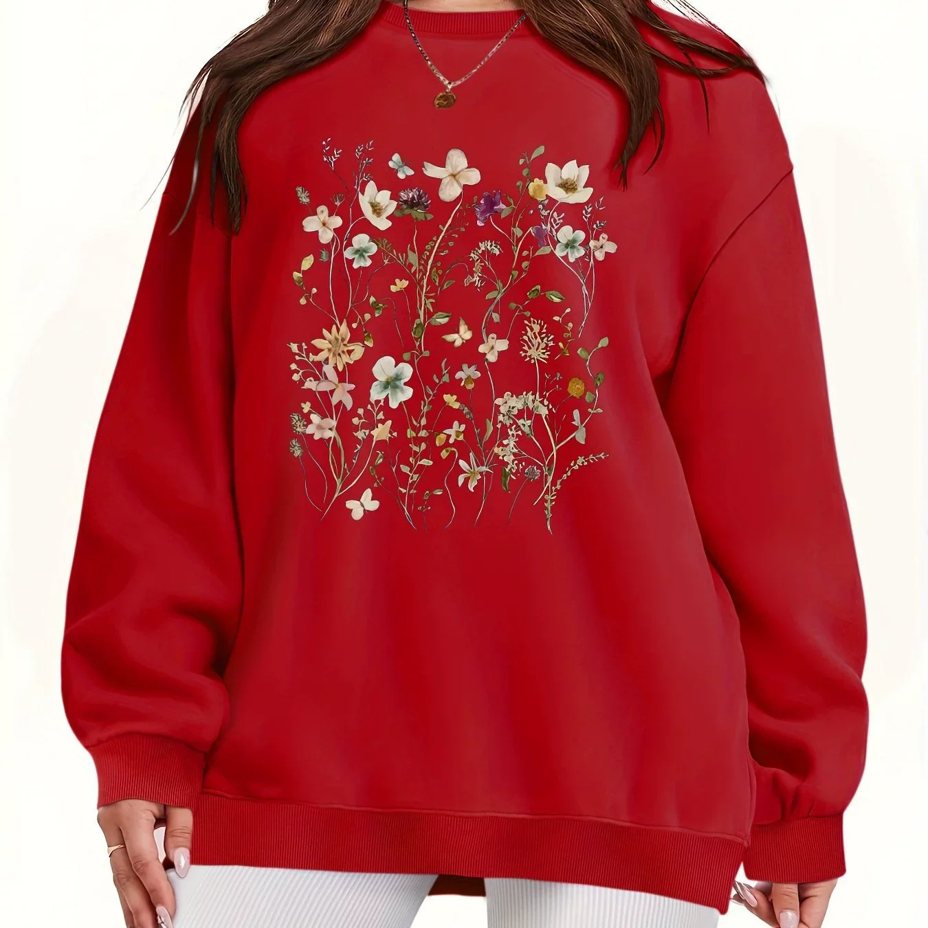 بلوفر من النوع الثقيل برقبة دائرية صغيرة مزهّرة للخريف والشتاء، قميص رياضي كاجوال بأكمام طويلة