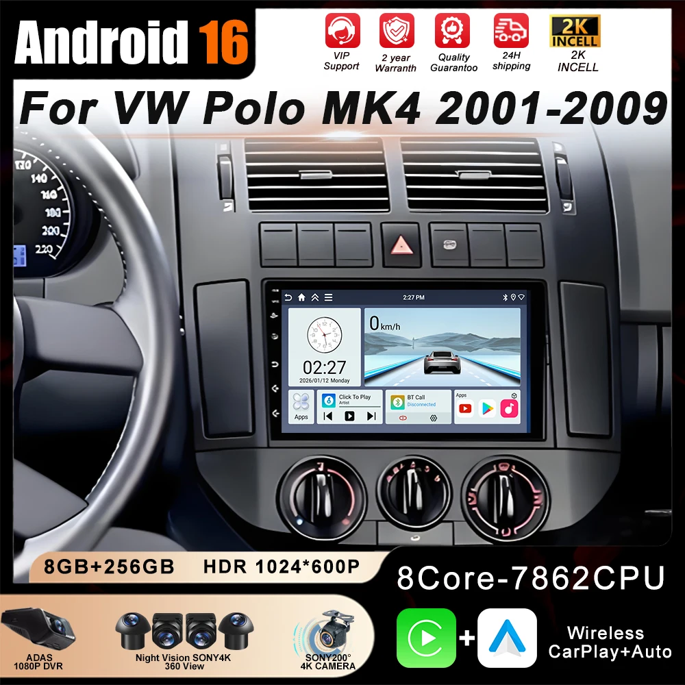 7'' Android 16 Car Radio For VW Polo MK4 2001 2002 2003 2004 2005-2009 Multimedia Android Auto Carplay 4G+WiFi Screen Head Unit