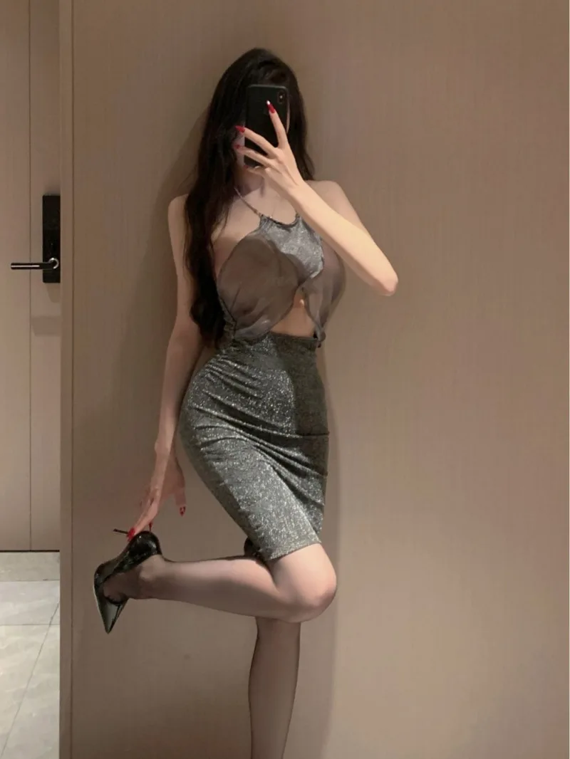 Exotic summer fashion women's clothing sexy nightclub mesh see through backless shiny hanging neck bag hip elegant dress KSH5