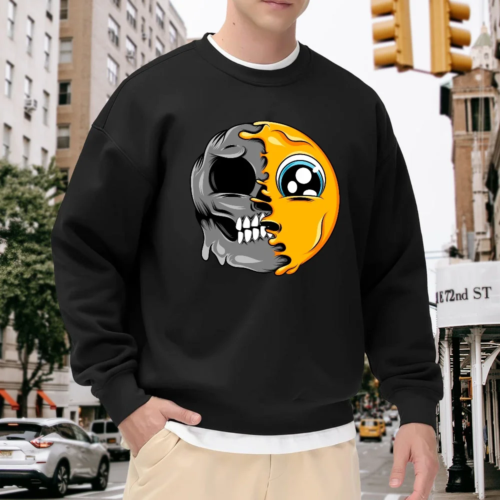 

Men's Black Crew Neck Loose Sweatshirt with Unique Yin-Yang Skull Smiley Face Print, Street Fashion Casual Versatile Top, Comfortable and Breathable for Everyday Wear