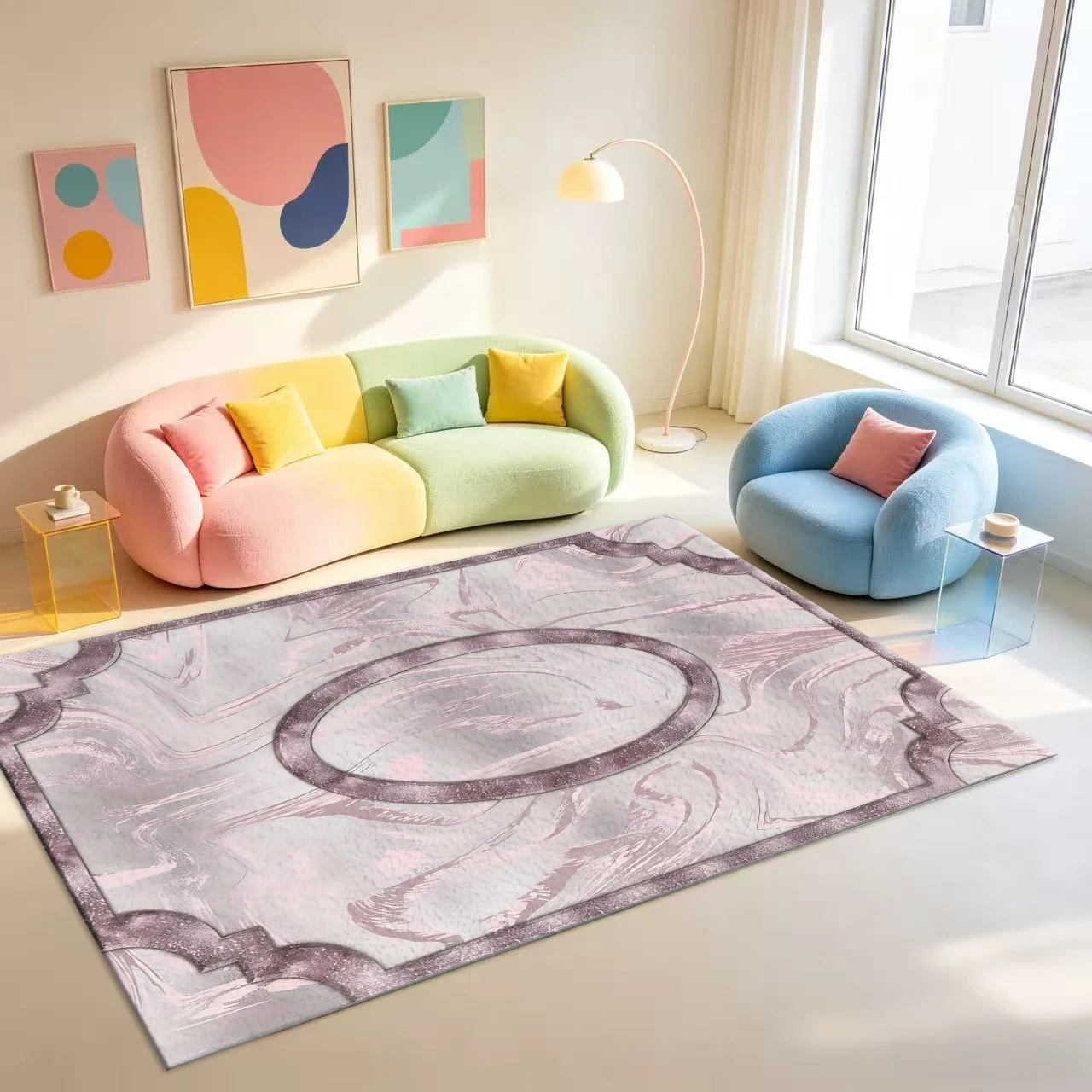 Luxury Marble Swirl Area Rug, Pink Gold Geometric Frame Floor Carpet for Bedroom Living Room Modern Home Decor