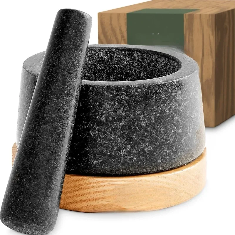 

Mortar and Pestle - Mortar and Pestle Set with Anti-Scratch Oak Wood Base - Mortar with Extra Large Pestle Made