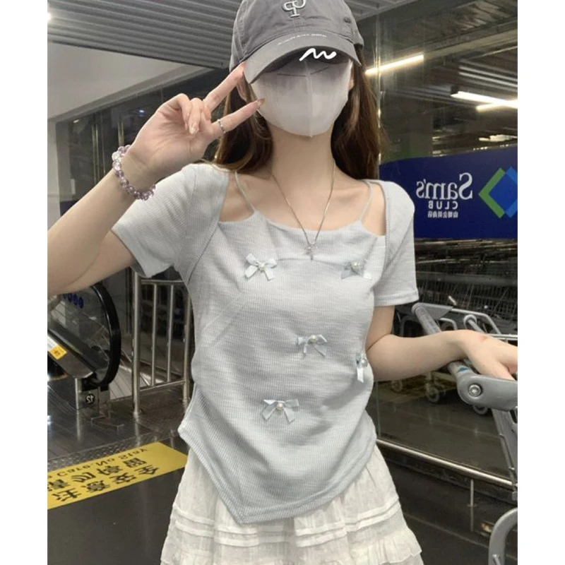 Women Summer Fashion Slim Sexy Diamonds Solid Color Appear Thin Skew Collar Short Sleeve T-Shirt Women Clothes Casual Sweet Tops