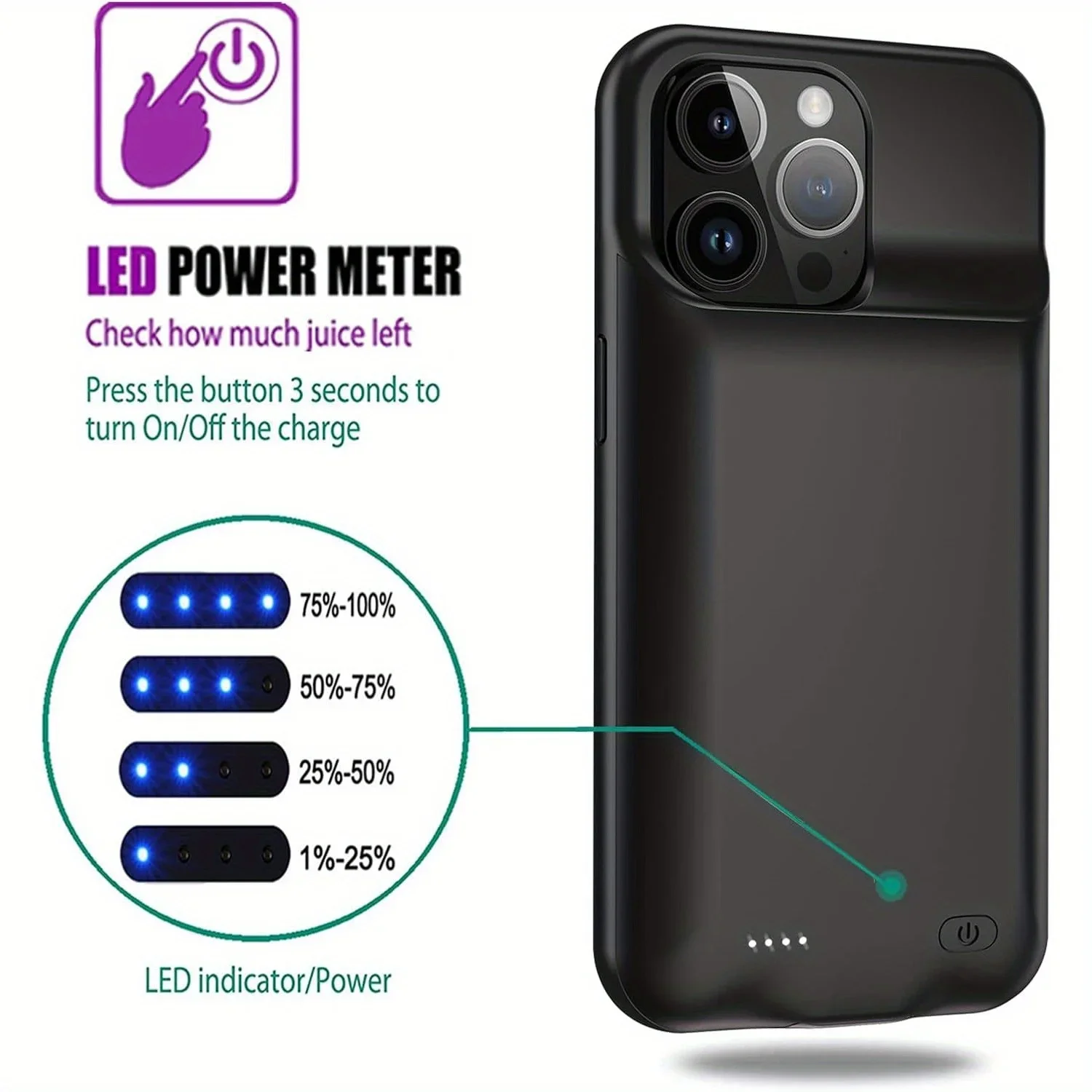 Enhanced 6800mAh Ultra Thin Portable Protective Smart Charging Case Compatible with for iPhone 15 Pro Max 6.7 inch(Black) image 5