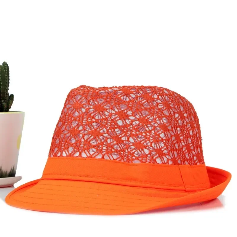Men's and Women's Candy-coloured Bowler Hat Breathable Mesh Hat Beach Sun Hat Sunscreen Sun Cap Elegant Jazz Cap